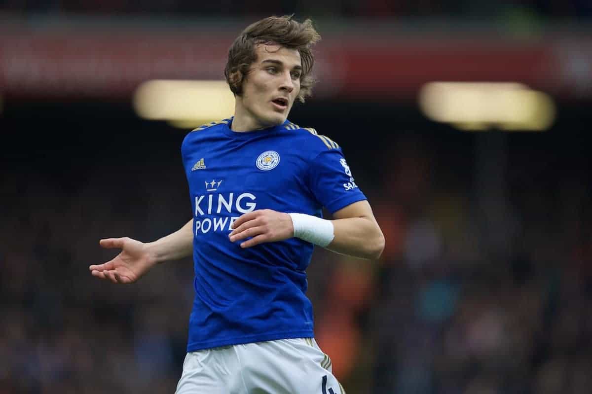 LIVERPOOL, ENGLAND - Saturday, October 5, 2019: Leicester City's Ça?lar Söyüncü during the FA Premier League match between Liverpool FC and Leicester City FC at Anfield. (Pic by David Rawcliffe/Propaganda)