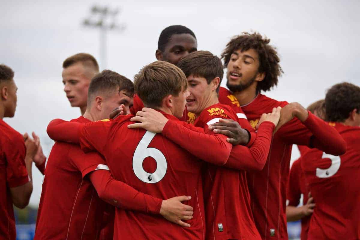 LIVERPOOL, ENGLAND - Saturday, October 5, 2019: Liverpool's Leighton Clarkson (#Leighton Clarkson) celebrates with team-mates after forcing the third goal, an own-goal from Everton's Reece Welch, during the Under-18 FA Premier League match between Everton FC and Liverpool FC at Finch Farm. (Pic by David Rawcliffe/Propaganda)