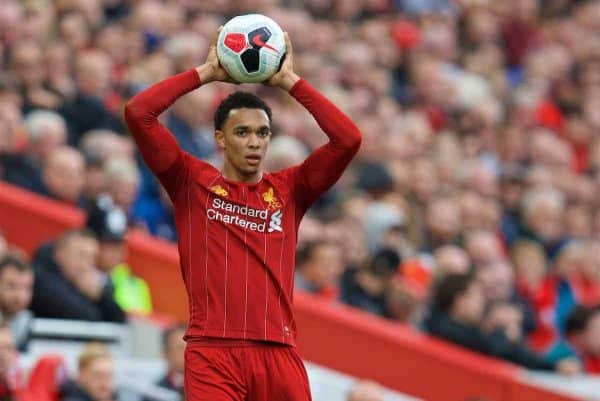 LIVERPOOL, ENGLAND - Saturday, October 5, 2019: Liverpool's Trent Alexander-Arnold prepares to take a throw-in during the FA Premier League match between Liverpool FC and Leicester City FC at Anfield. (Pic by David Rawcliffe/Propaganda)