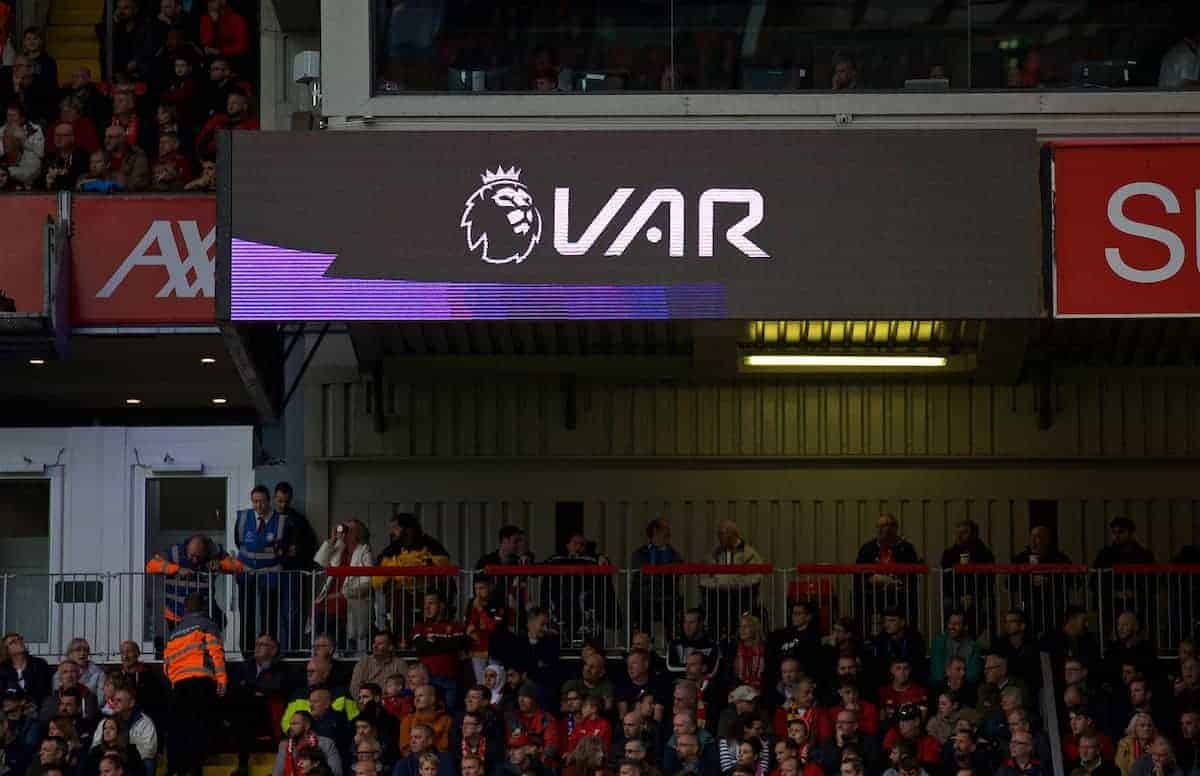 LIVERPOOL, ENGLAND - Saturday, October 5, 2019: The scoreboard shows a VAR review logo during the FA Premier League match between Liverpool FC and Leicester City FC at Anfield. (Pic by David Rawcliffe/Propaganda)