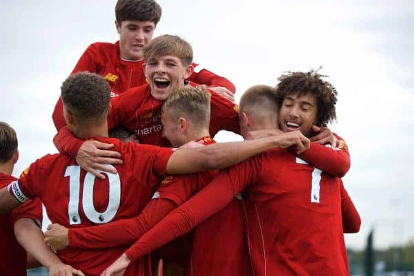 LIVERPOOL, ENGLAND - Saturday, October 5, 2019: Liverpool's Jack Cain (C) celebrates scoring the fourth goal with team-mates during the Under-18 FA Premier League match between Everton FC and Liverpool FC at Finch Farm. (Pic by David Rawcliffe/Propaganda)