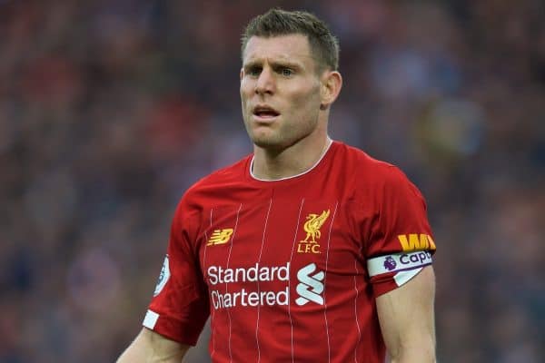 LIVERPOOL, ENGLAND - Saturday, October 5, 2019: Liverpool's captain James Milner during the FA Premier League match between Liverpool FC and Leicester City FC at Anfield. (Pic by David Rawcliffe/Propaganda)