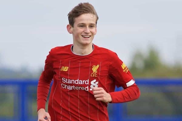 LIVERPOOL, ENGLAND - Saturday, October 5, 2019: Liverpool's substitute Tyler Morton celebrates scoring the sixth goal during the Under-18 FA Premier League match between Everton FC and Liverpool FC at Finch Farm. (Pic by David Rawcliffe/Propaganda)