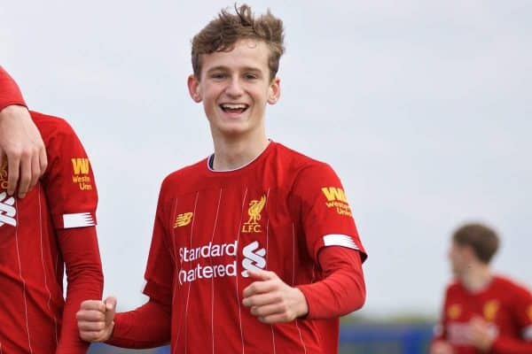 LIVERPOOL, ENGLAND - Saturday, October 5, 2019: Liverpool's substitute Tyler Morton (R) celebrates scoring the sixth goal with team-mates Layton Stewart (L) and Niall Brookwell (C) during the Under-18 FA Premier League match between Everton FC and Liverpool FC at Finch Farm. (Pic by David Rawcliffe/Propaganda)