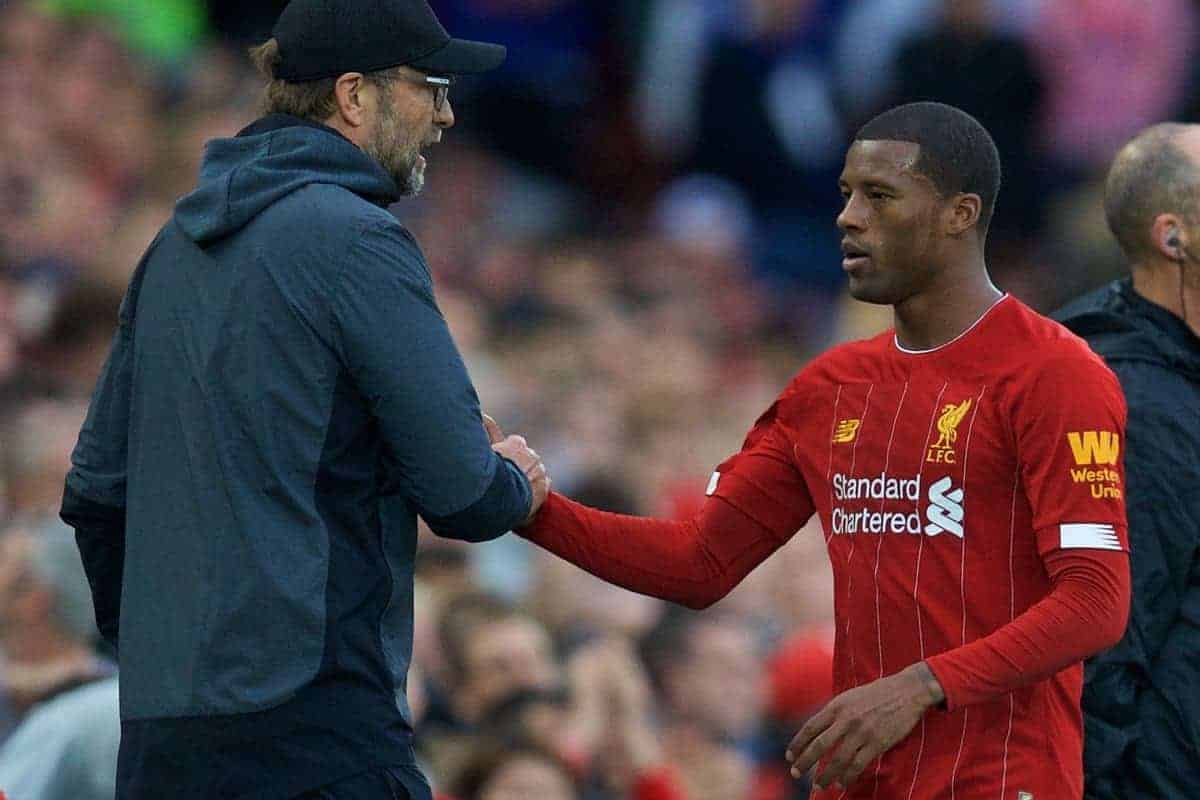 LIVERPOOL, ENGLAND - Saturday, October 5, 2019: Liverpool's Georginio Wijnaldum shakes hands with manager Jürgen Klopp after being substituted during the FA Premier League match between Liverpool FC and Leicester City FC at Anfield. (Pic by David Rawcliffe/Propaganda)