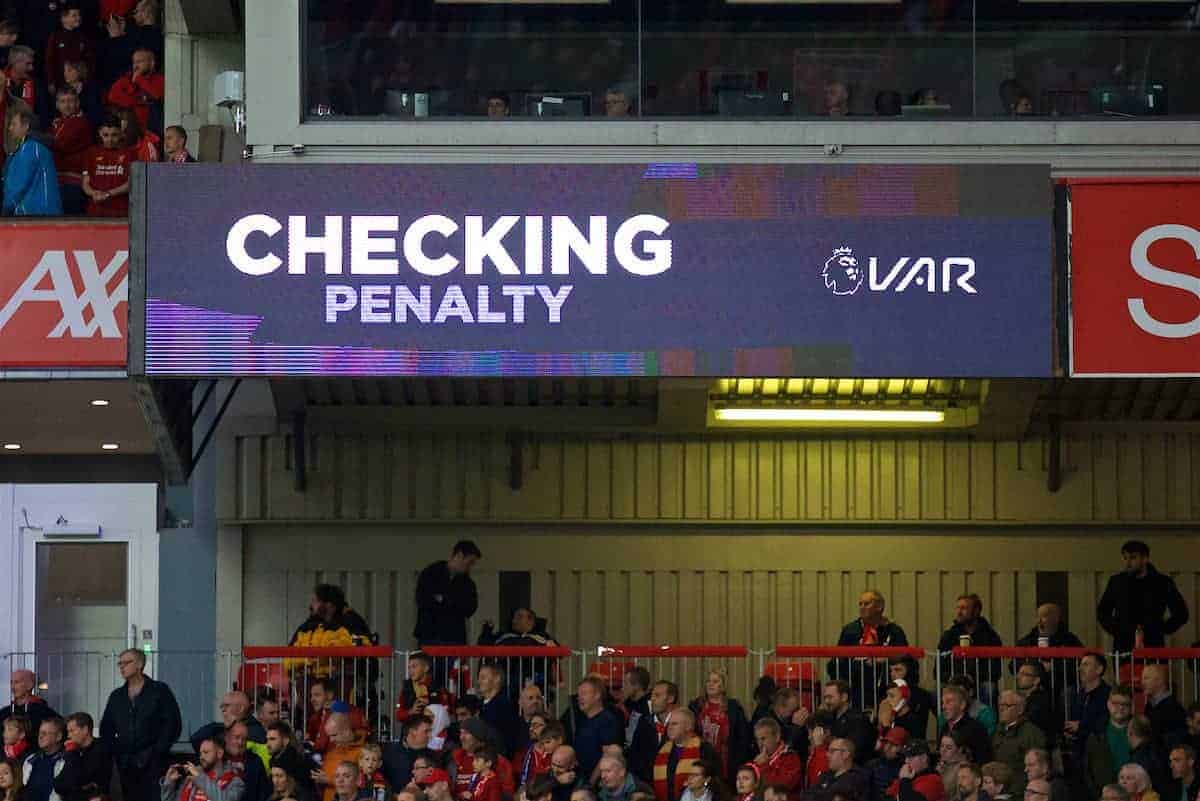 LIVERPOOL, ENGLAND - Saturday, October 5, 2019: VAR checks an injury time penalty awarded to Liverpool during the FA Premier League match between Liverpool FC and Leicester City FC at Anfield. Liverpool won 2-1.(Pic by David Rawcliffe/Propaganda)