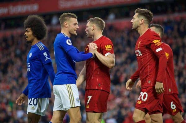 LIVERPOOL, ENGLAND - Saturday, October 5, 2019: Leicester City's Jamie Vardy and Liverpool's James Milner clash after the FA Premier League match between Liverpool FC and Leicester City FC at Anfield. Liverpool won 2-1. (Pic by David Rawcliffe/Propaganda)