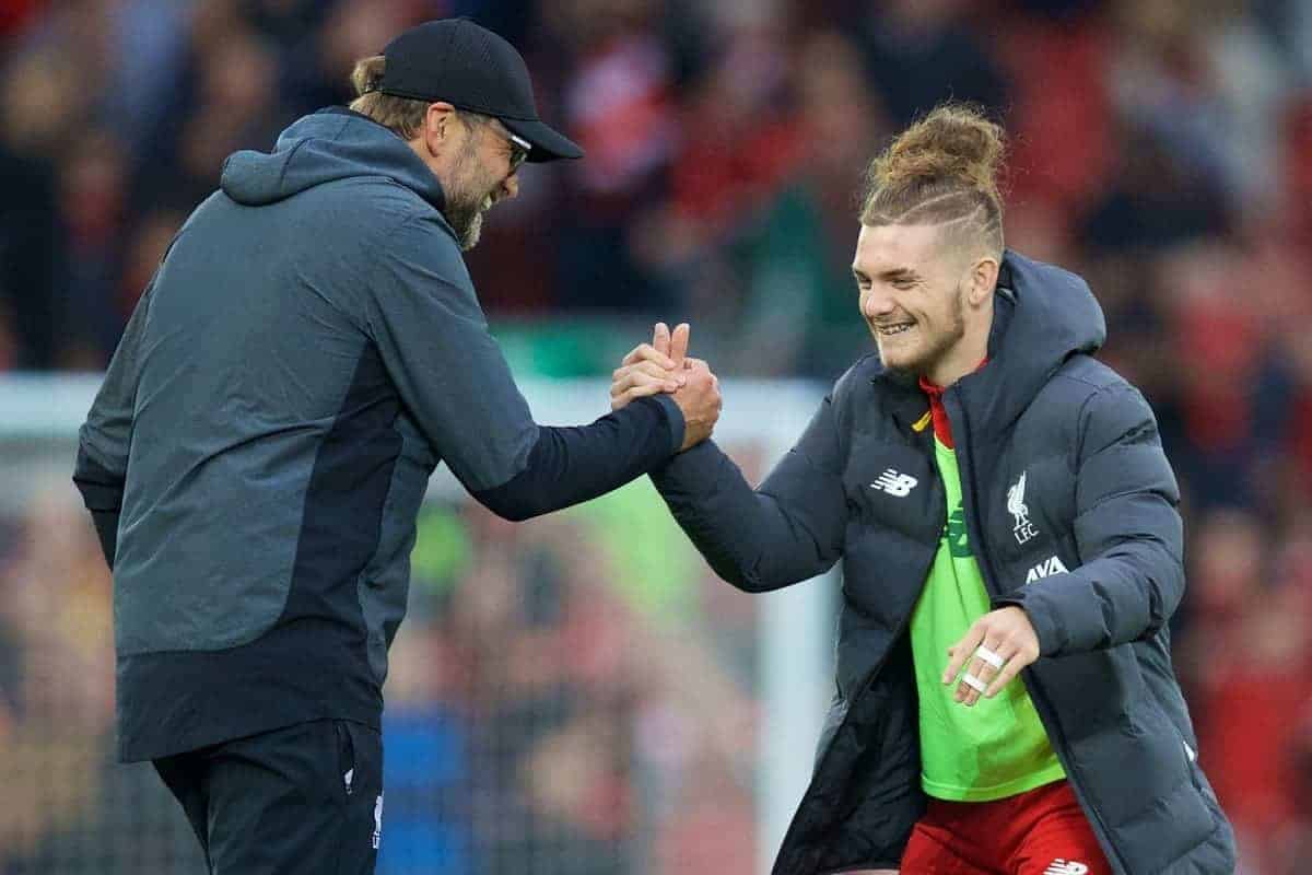 LIVERPOOL, ENGLAND - Saturday, October 5, 2019: Liverpool's manager Jürgen Klopp celebrates with Harvey Elliott after the FA Premier League match between Liverpool FC and Leicester City FC at Anfield. Liverpool won 2-1. (Pic by David Rawcliffe/Propaganda)