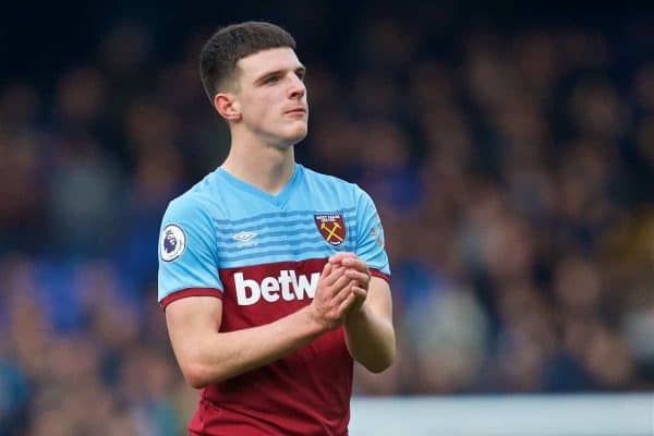 LIVERPOOL, ENGLAND - Saturday, October 19, 2019: West Ham United's Declan Rice applauds the away supporters after the FA Premier League match between Everton FC and West Ham United FC at Goodison Park. Everton won 2-0. (Pic by David Rawcliffe/Propaganda)