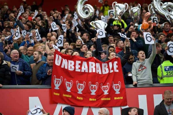 MANCHESTER, ENGLAND - Saturday, October 19, 2019: Liverpool supporters hold up European Cups to mark their six European Cup titles before the FA Premier League match between Manchester United FC and Liverpool FC at Old Trafford. (Pic by David Rawcliffe/Propaganda)