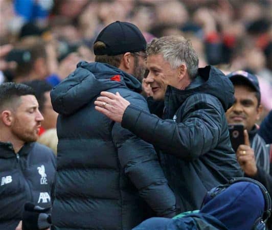 MANCHESTER, ENGLAND - Saturday, October 19, 2019: Liverpool's manager Jürgen Klopp (L) shakes hands with Manchester United's manager Ole Gunnar Solksjaer during the FA Premier League match between Manchester United FC and Liverpool FC at Old Trafford. (Pic by David Rawcliffe/Propaganda)