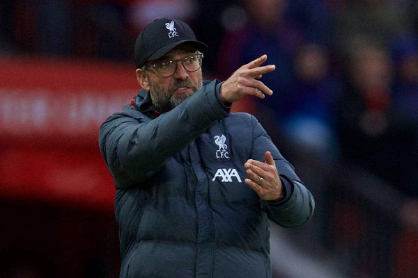 MANCHESTER, ENGLAND - Saturday, October 19, 2019: Liverpool's manager Jürgen Klopp reacts during the FA Premier League match between Manchester United FC and Liverpool FC at Old Trafford. (Pic by David Rawcliffe/Propaganda)