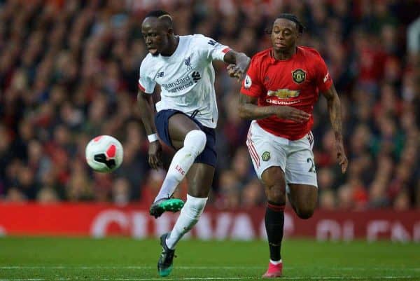 MANCHESTER, ENGLAND - Saturday, October 19, 2019: Liverpool's Sadio Mane (L) and Manchester United's Aaron Wan-Bissaka during the FA Premier League match between Manchester United FC and Liverpool FC at Old Trafford. (Pic by David Rawcliffe/Propaganda)