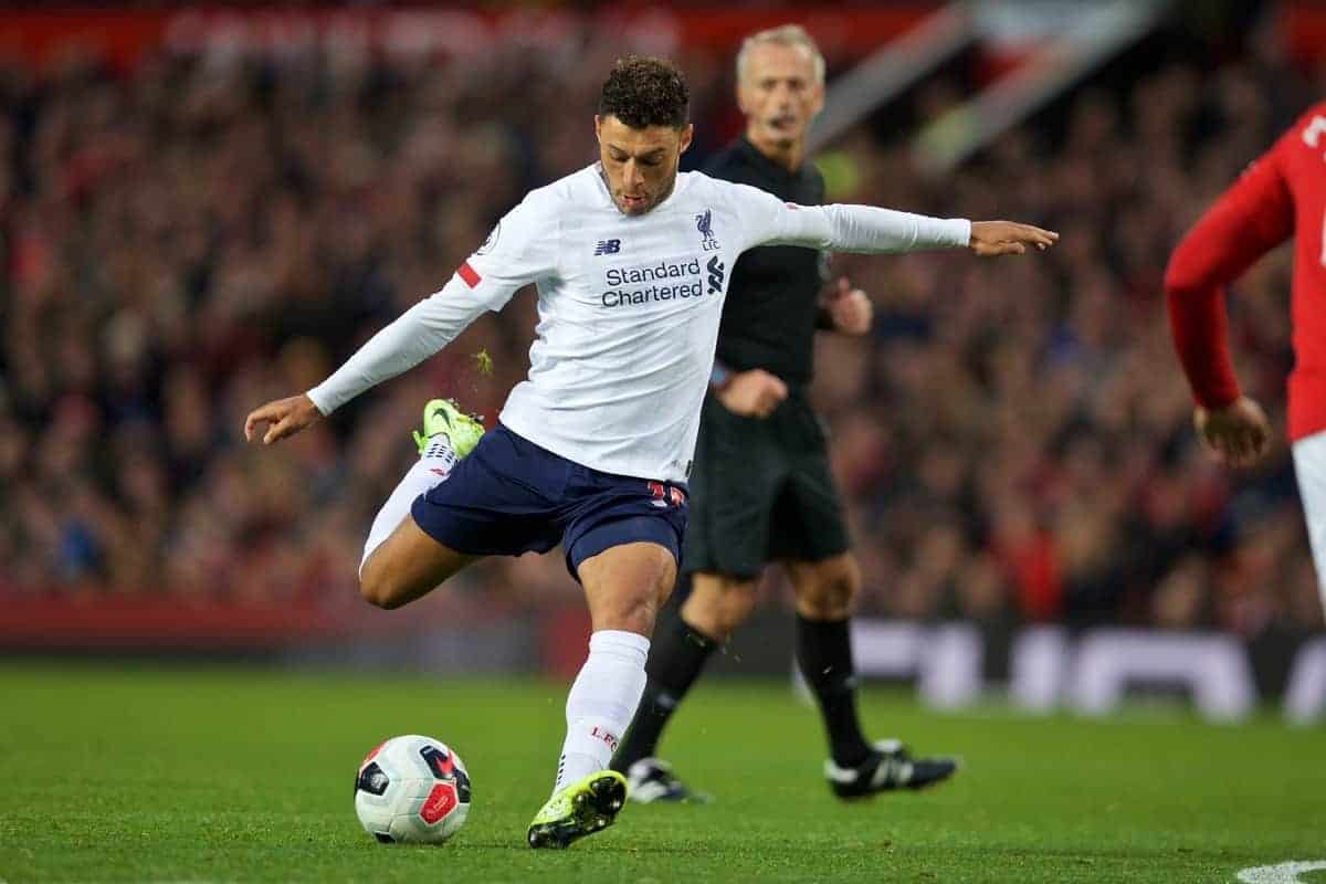 MANCHESTER, ENGLAND - Saturday, October 19, 2019: Liverpool's substitute Alex Oxlade-Chamberlain during the FA Premier League match between Manchester United FC and Liverpool FC at Old Trafford. (Pic by David Rawcliffe/Propaganda)