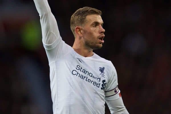 MANCHESTER, ENGLAND - Saturday, October 19, 2019: Liverpool's captain Jordan Henderson during the FA Premier League match between Manchester United FC and Liverpool FC at Old Trafford. (Pic by David Rawcliffe/Propaganda)