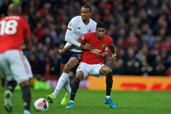 MANCHESTER, ENGLAND - Saturday, October 19, 2019: Liverpool's Joel Matip (L) and Manchester United's Marcus Rashford during the FA Premier League match between Manchester United FC and Liverpool FC at Old Trafford. (Pic by David Rawcliffe/Propaganda)