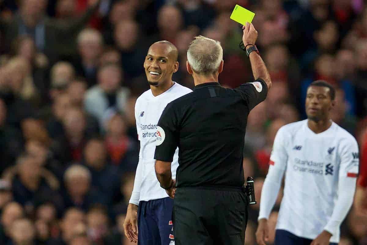 MANCHESTER, ENGLAND - Saturday, October 19, 2019: Liverpool's Fabio Henrique Tavares 'Fabinho' smiles as he is shown a yellow card by referee Martin Atkinson during the FA Premier League match between Manchester United FC and Liverpool FC at Old Trafford. (Pic by David Rawcliffe/Propaganda)