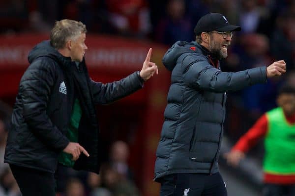 MANCHESTER, ENGLAND - Saturday, October 19, 2019: Liverpool's manager Jürgen Klopp (R) and Manchester United's manager Ole Gunnar Solskjær during the FA Premier League match between Manchester United FC and Liverpool FC at Old Trafford. (Pic by David Rawcliffe/Propaganda)