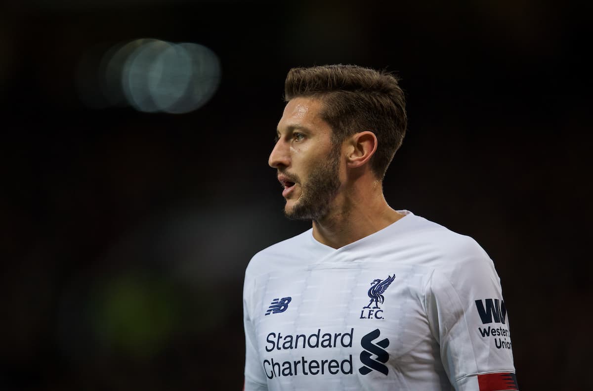 MANCHESTER, ENGLAND - Saturday, October 19, 2019: Liverpool's substitute Adam Lallana during the FA Premier League match between Manchester United FC and Liverpool FC at Old Trafford. (Pic by David Rawcliffe/Propaganda)