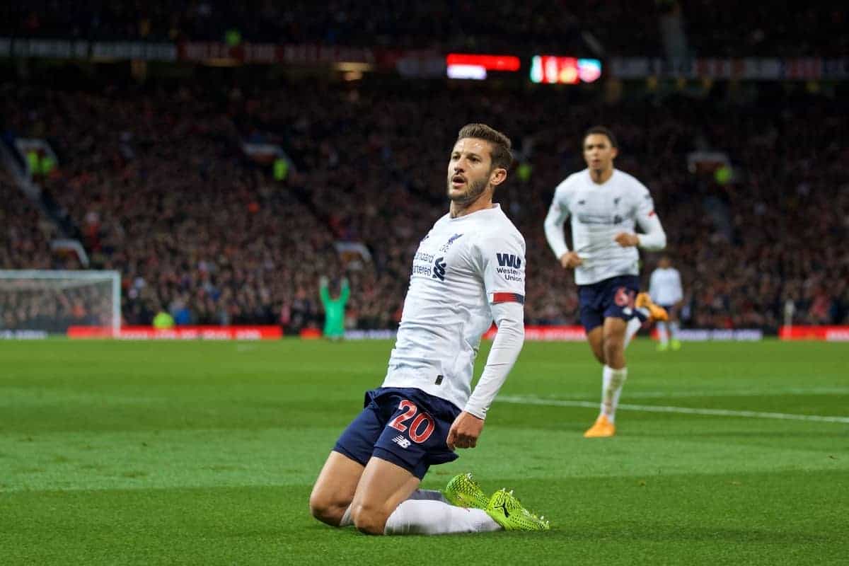 MANCHESTER, ENGLAND - Saturday, October 19, 2019: Liverpool's Adam Lallana celebrates after scoring the an equalising goal to level the score at 1-1 and help his side to continue their unbeaten start to the season during the FA Premier League match between Manchester United FC and Liverpool FC at Old Trafford. The game ended in a 1-1 draw. (Pic by David Rawcliffe/Propaganda)