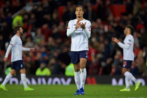 MANCHESTER, ENGLAND - Saturday, October 19, 2019: Liverpool's Virgil van Dijk applauds the travelling supporters after the FA Premier League match between Manchester United FC and Liverpool FC at Old Trafford. The game ended in a 1-1 draw. (Pic by David Rawcliffe/Propaganda)