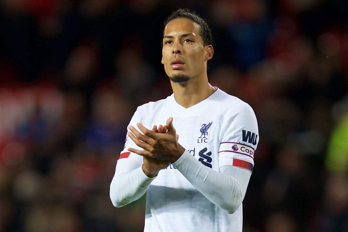 MANCHESTER, ENGLAND - Saturday, October 19, 2019: Liverpool's Virgil van Dijk applauds the travelling supporters after the FA Premier League match between Manchester United FC and Liverpool FC at Old Trafford. The game ended in a 1-1 draw. (Pic by David Rawcliffe/Propaganda)