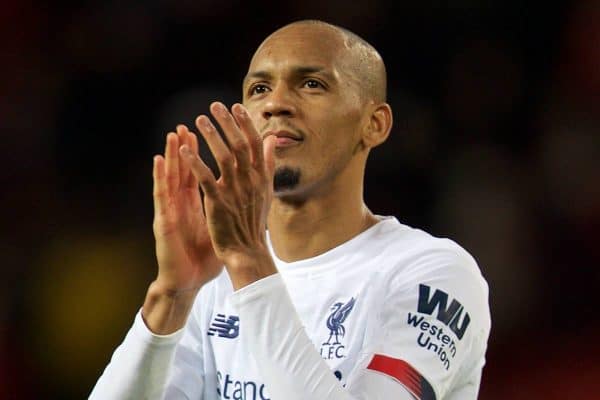 MANCHESTER, ENGLAND - Saturday, October 19, 2019: Liverpool's Fabio Henrique Tavares 'Fabinho' applauds the travelling supporters after the FA Premier League match between Manchester United FC and Liverpool FC at Old Trafford. The game ended in a 1-1 draw. (Pic by David Rawcliffe/Propaganda)