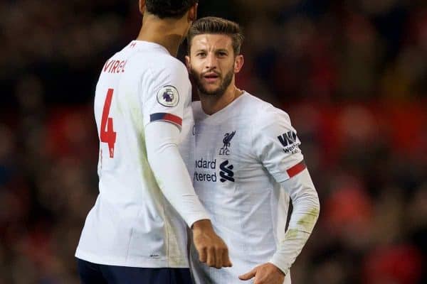 MANCHESTER, ENGLAND - Saturday, October 19, 2019: Liverpool's goal-scorer Adam Lallana applauds the travelling supporters after the FA Premier League match between Manchester United FC and Liverpool FC at Old Trafford. The game ended in a 1-1 draw. (Pic by David Rawcliffe/Propaganda)