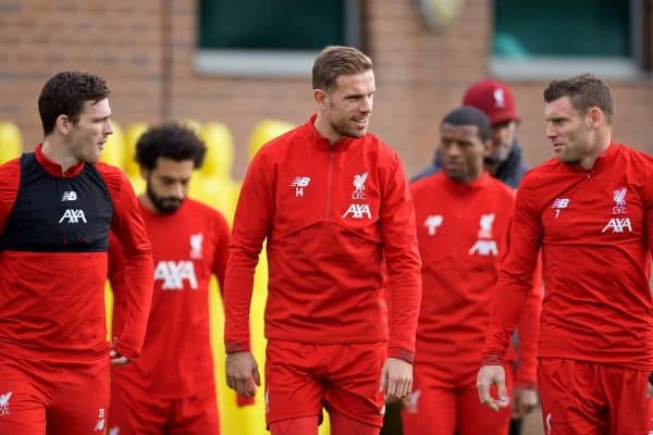 LIVERPOOL, ENGLAND - Tuesday, October 22, 2019: Liverpool’s captain Jordan Henderson (C) with Andy Robertson and James Milner during a training session at Melwood Training Ground ahead of the UEFA Champions League Group E match between KRC Genk and Liverpool FC. (Pic by Paul Greenwood/Propaganda)