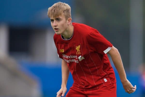 GENK, BELGIUM - Wednesday, October 23, 2019: Liverpool's Jake Cain during the UEFA Youth League Group E match between KRC Genk Under-19's and Liverpool FC Under-19's at the KRC Genk Arena Stadium B. (Pic by David Rawcliffe/Propaganda)