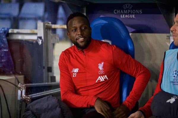 GENK, BELGIUM - Wednesday, October 23, 2019: Liverpool's substitute Divock Origi on the bench before the UEFA Champions League Group E match between KRC Genk and Liverpool FC at the KRC Genk Arena. (Pic by David Rawcliffe/Propaganda)