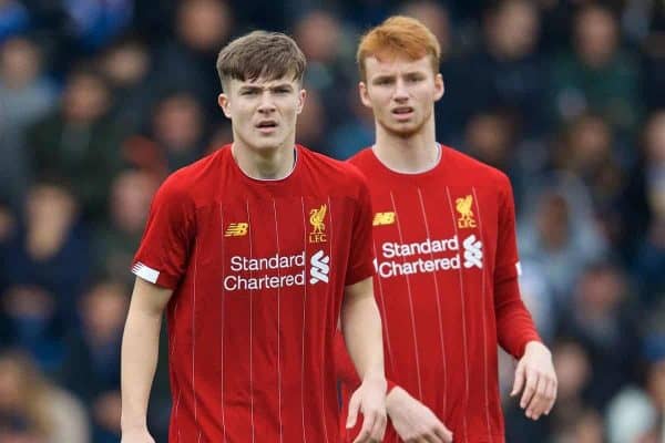 GENK, BELGIUM - Wednesday, October 23, 2019: Liverpool's Morgan Boyes (L) and Sepp Van den Berg during the UEFA Youth League Group E match between KRC Genk Under-19's and Liverpool FC Under-19's at the KRC Genk Arena Stadium B. (Pic by David Rawcliffe/Propaganda)