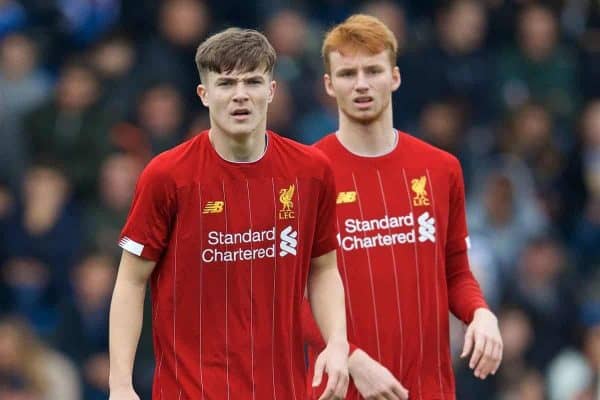 GENK, BELGIUM - Wednesday, October 23, 2019: Liverpool's Morgan Boyes (L) and Sepp Van den Berg during the UEFA Youth League Group E match between KRC Genk Under-19's and Liverpool FC Under-19's at the KRC Genk Arena Stadium B. (Pic by David Rawcliffe/Propaganda)