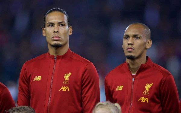 GENK, BELGIUM - Wednesday, October 23, 2019: Liverpool's Virgil van Dijk (L) and Fabio Henrique Tavares 'Fabinho' lines-up before the UEFA Champions League Group E match between KRC Genk and Liverpool FC at the KRC Genk Arena. (Pic by David Rawcliffe/Propaganda)