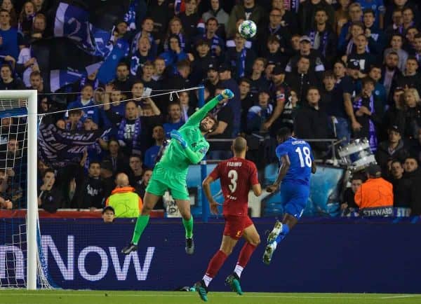 GENK, BELGIUM - Wednesday, October 23, 2019: Liverpool's goalkeeper Alisson Becker during the UEFA Champions League Group E match between KRC Genk and Liverpool FC at the KRC Genk Arena. (Pic by David Rawcliffe/Propaganda)