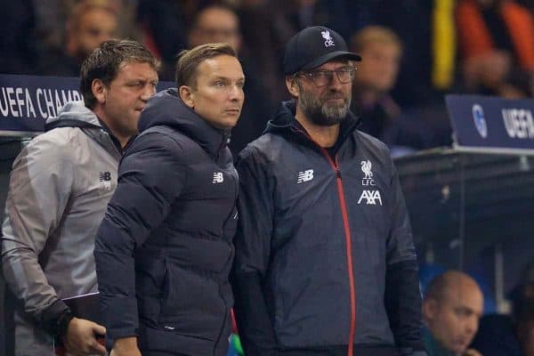 GENK, BELGIUM - Wednesday, October 23, 2019: Liverpool's manager Jürgen Klopp (R) and first-team development coach Pepijn Lijnders during the UEFA Champions League Group E match between KRC Genk and Liverpool FC at the KRC Genk Arena. (Pic by David Rawcliffe/Propaganda)