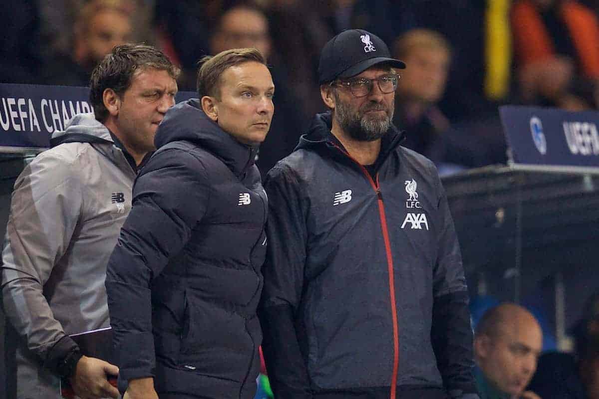 GENK, BELGIUM - Wednesday, October 23, 2019: Liverpool's manager Jürgen Klopp (R) and first-team development coach Pepijn Lijnders during the UEFA Champions League Group E match between KRC Genk and Liverpool FC at the KRC Genk Arena. (Pic by David Rawcliffe/Propaganda)