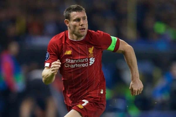 GENK, BELGIUM - Wednesday, October 23, 2019: Liverpool's captain James Milner during the UEFA Champions League Group E match between KRC Genk and Liverpool FC at the KRC Genk Arena. (Pic by David Rawcliffe/Propaganda)