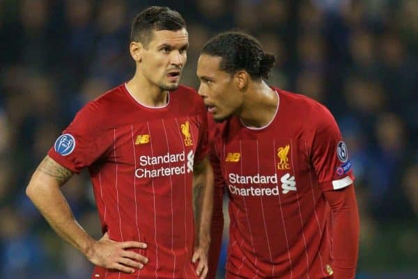 GENK, BELGIUM - Wednesday, October 23, 2019: Liverpool's Dejan Lovren (L) and Virgil van Dijk during the UEFA Champions League Group E match between KRC Genk and Liverpool FC at the KRC Genk Arena. (Pic by David Rawcliffe/Propaganda)