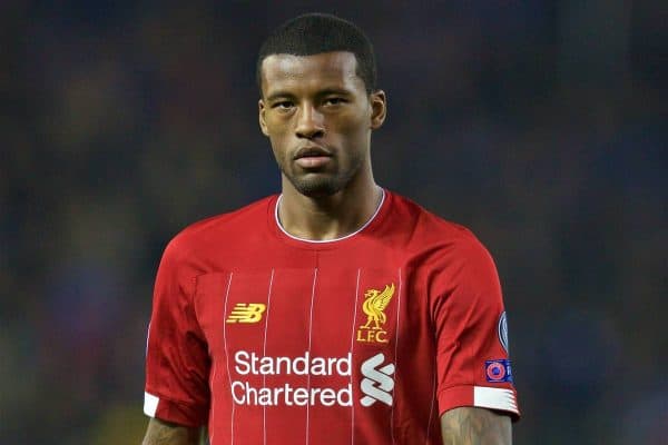 GENK, BELGIUM - Wednesday, October 23, 2019: Liverpool's Georginio Wijnaldum during the UEFA Champions League Group E match between KRC Genk and Liverpool FC at the KRC Genk Arena. (Pic by David Rawcliffe/Propaganda)