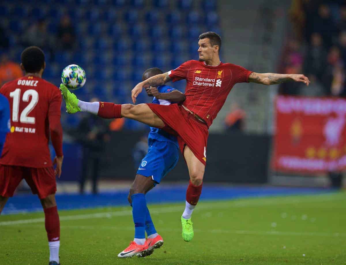 GENK, BELGIUM - Wednesday, October 23, 2019: Liverpool's Dejan Lovren during the UEFA Champions League Group E match between KRC Genk and Liverpool FC at the KRC Genk Arena. (Pic by David Rawcliffe/Propaganda)