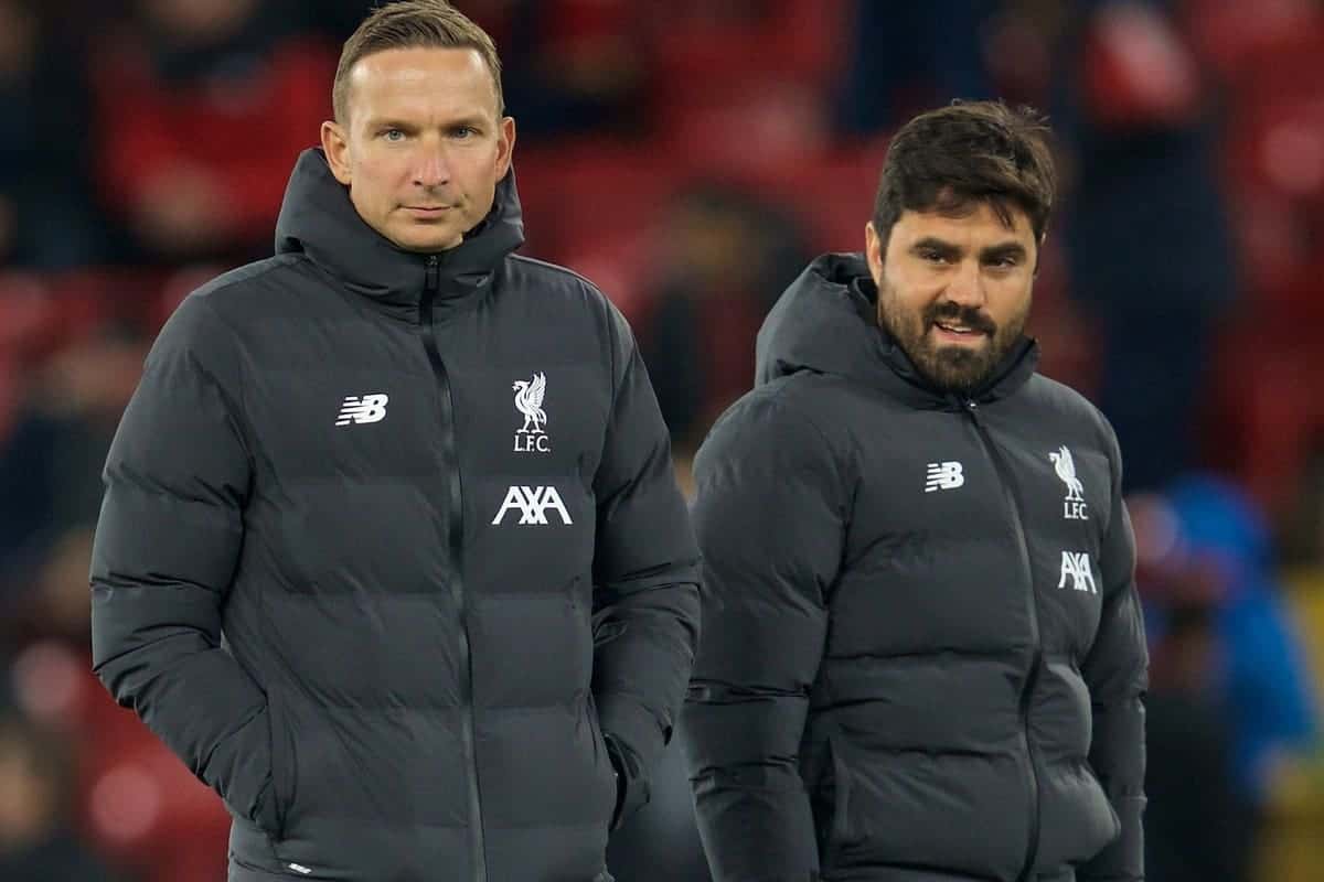 LIVERPOOL, ENGLAND - Wednesday, October 30, 2019: Liverpool's first-team development coach Pepijn Lijnders (L) and elite development coach Vitor Matos during the Football League Cup 4th Round match between Liverpool FC and Arsenal FC at Anfield. (Pic by David Rawcliffe/Propaganda)