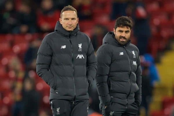 LIVERPOOL, ENGLAND - Wednesday, October 30, 2019: Liverpool's first-team development coach Pepijn Lijnders (L) and elite development coach Vitor Matos during the Football League Cup 4th Round match between Liverpool FC and Arsenal FC at Anfield. (Pic by David Rawcliffe/Propaganda)