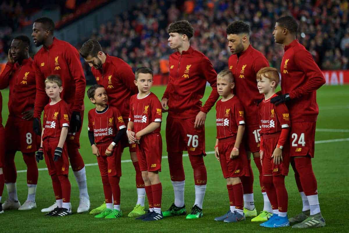 LIVERPOOL, ENGLAND - Wednesday, October 30, 2019: Liverpool's Neco Williams lines-up to make his debut before the Football League Cup 4th Round match between Liverpool FC and Arsenal FC at Anfield. (Pic by David Rawcliffe/Propaganda)