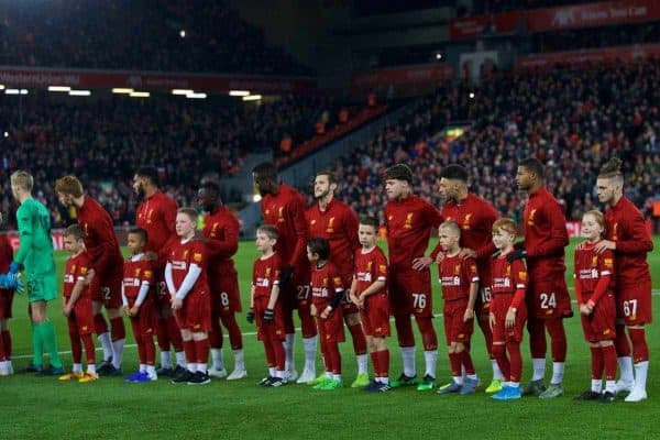 LIVERPOOL, ENGLAND - Wednesday, October 30, 2019: Liverpool's Neco Williams lines-up to make his debut before the Football League Cup 4th Round match between Liverpool FC and Arsenal FC at Anfield. (Pic by David Rawcliffe/Propaganda)