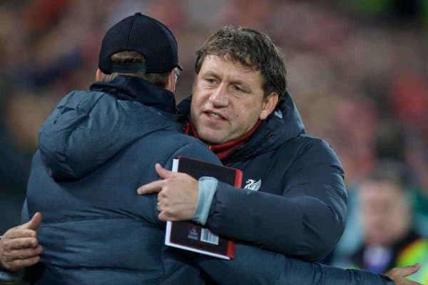 LIVERPOOL, ENGLAND - Wednesday, October 30, 2019: Liverpool's assistant manager Peter Krawietz hugs manager Jürgen Klopp during the Football League Cup 4th Round match between Liverpool FC and Arsenal FC at Anfield. (Pic by David Rawcliffe/Propaganda)