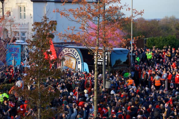 LIVERPOOL, ENGLAND - Sunday, November 10, 2019 Supporters set off red smoke bombs as the Manchester City team bus arrives before the FA Premier League match between Liverpool FC and Manchester City FC at Anfield. (Pic by David Rawcliffe/Propaganda)