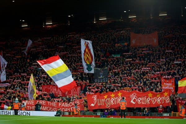 LIVERPOOL, ENGLAND - Sunday, November 10, 2019: Liverpool supporters on the Spion Kop wave their flags and banners before the FA Premier League match between Liverpool FC and Manchester City FC at Anfield. (Pic by David Rawcliffe/Propaganda)