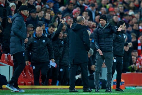 LIVERPOOL, ENGLAND - Sunday, November 10, 2019: Manchester City's head coach Pep Guardiola reacts during the FA Premier League match between Liverpool FC and Manchester City FC at Anfield. (Pic by David Rawcliffe/Propaganda)