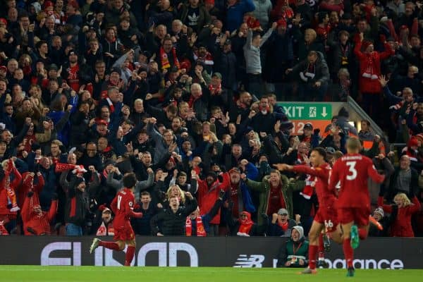 LIVERPOOL, ENGLAND - Sunday, November 10, 2019: Liverpool's Mohamed Salah celebrates scoring the second goal in front of supporters during the FA Premier League match between Liverpool FC and Manchester City FC at Anfield. (Pic by David Rawcliffe/Propaganda)